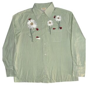 Tia Designs Green Striped Embroidered Daisy Ladybug Button Down Shirt Womens M